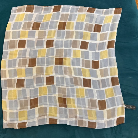 Echo Accessories - ECHO Scarf Silk Geometric Brown Yellow Grey Blue Square Pattern Accessory